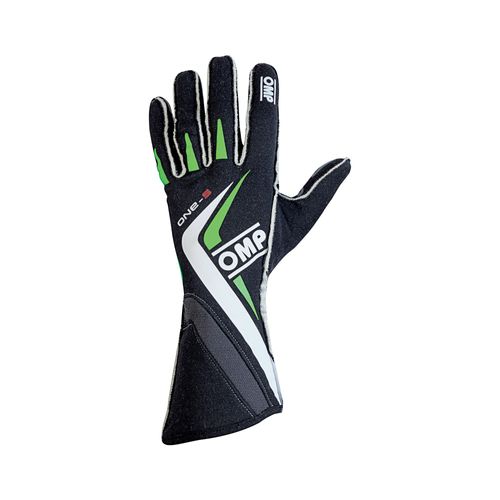 OMP ONE-S, перчатки для автоспорта, черный/белый/зеленый